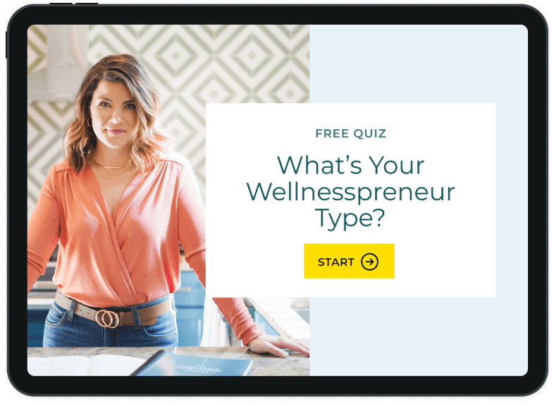 Woman standing behind a desk next to a computer screen displaying a wellness quiz advertisement.
