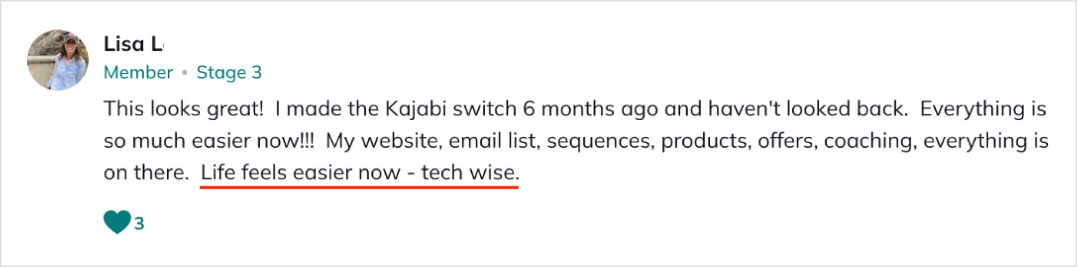 Positive customer testimonial highlighting the ease of using kajabi for various online business needs.