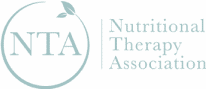 Logo of the nutritional therapy association, featuring text and a graphic that resembles a leaf or a drop.