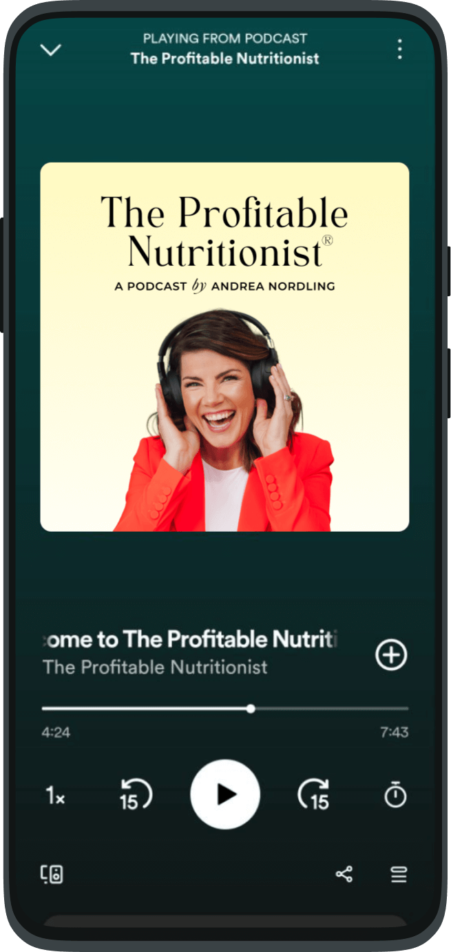 podcast app interface features "The Profitable Nutritionist Podcast" with a smiling woman holding earphones over her ears